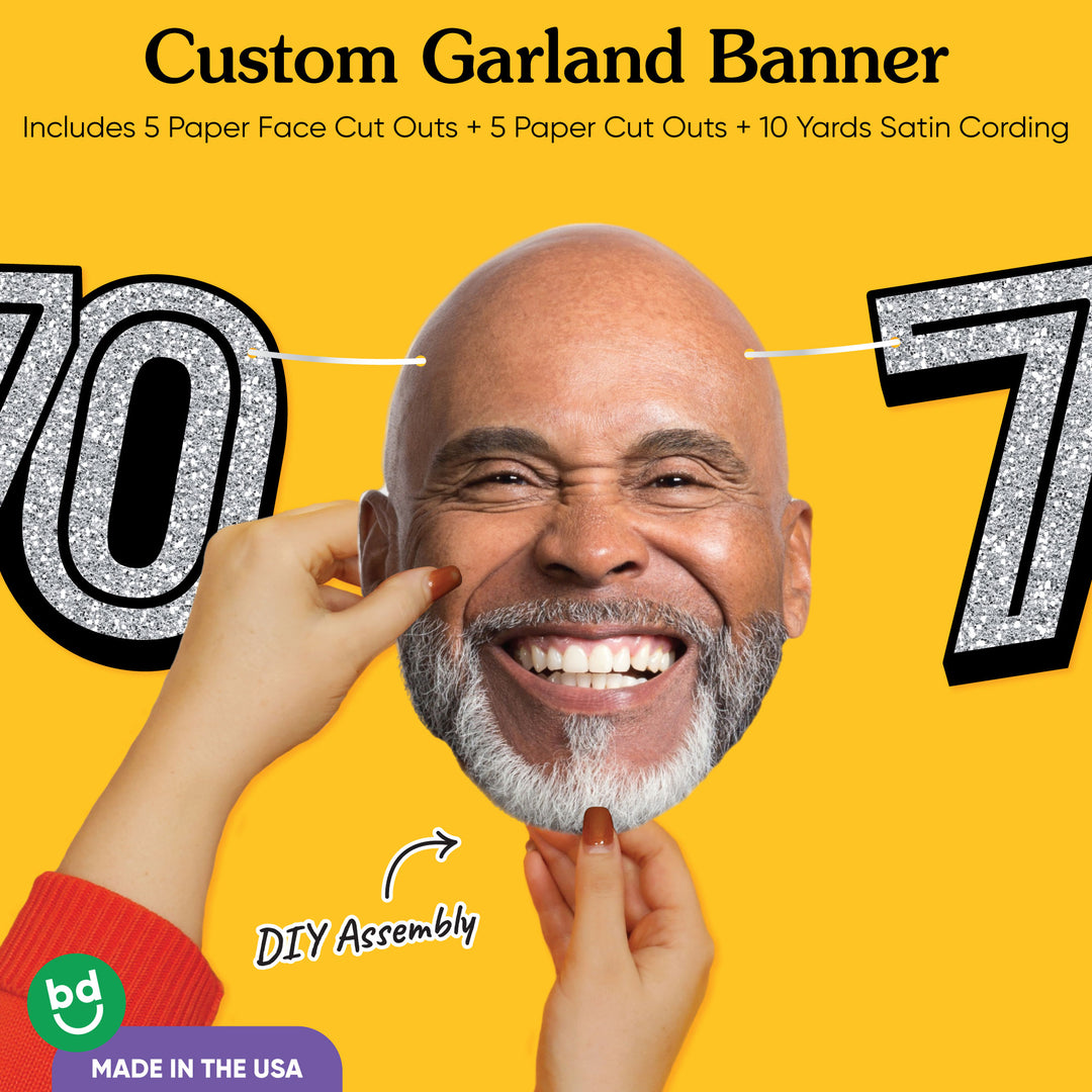 Cardstock finish and satin string on 70th birthday face banner