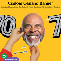 Cardstock finish and satin string on 70th birthday face banner