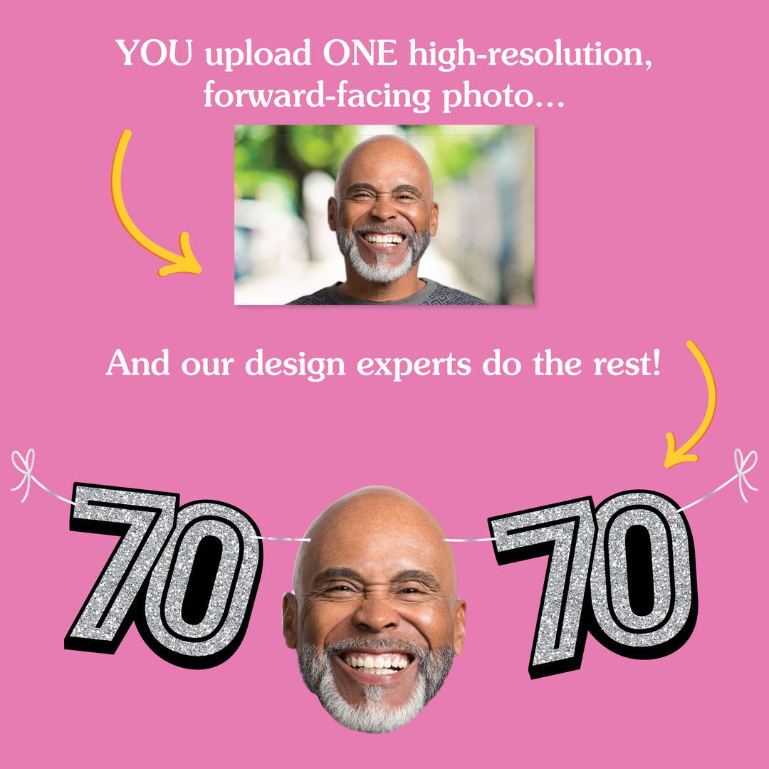 Upload one photo for custom 70th birthday fun face banner