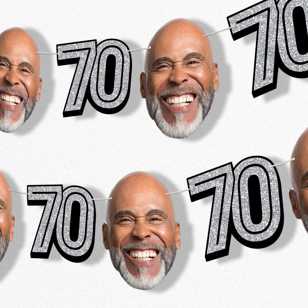 Silver 70th birthday fun face garland banner