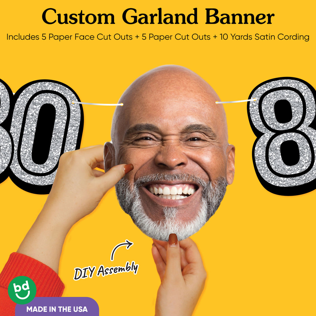 Cardstock finish and satin string on 80th birthday face banner