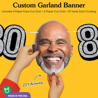Cardstock finish and satin string on 80th birthday face banner