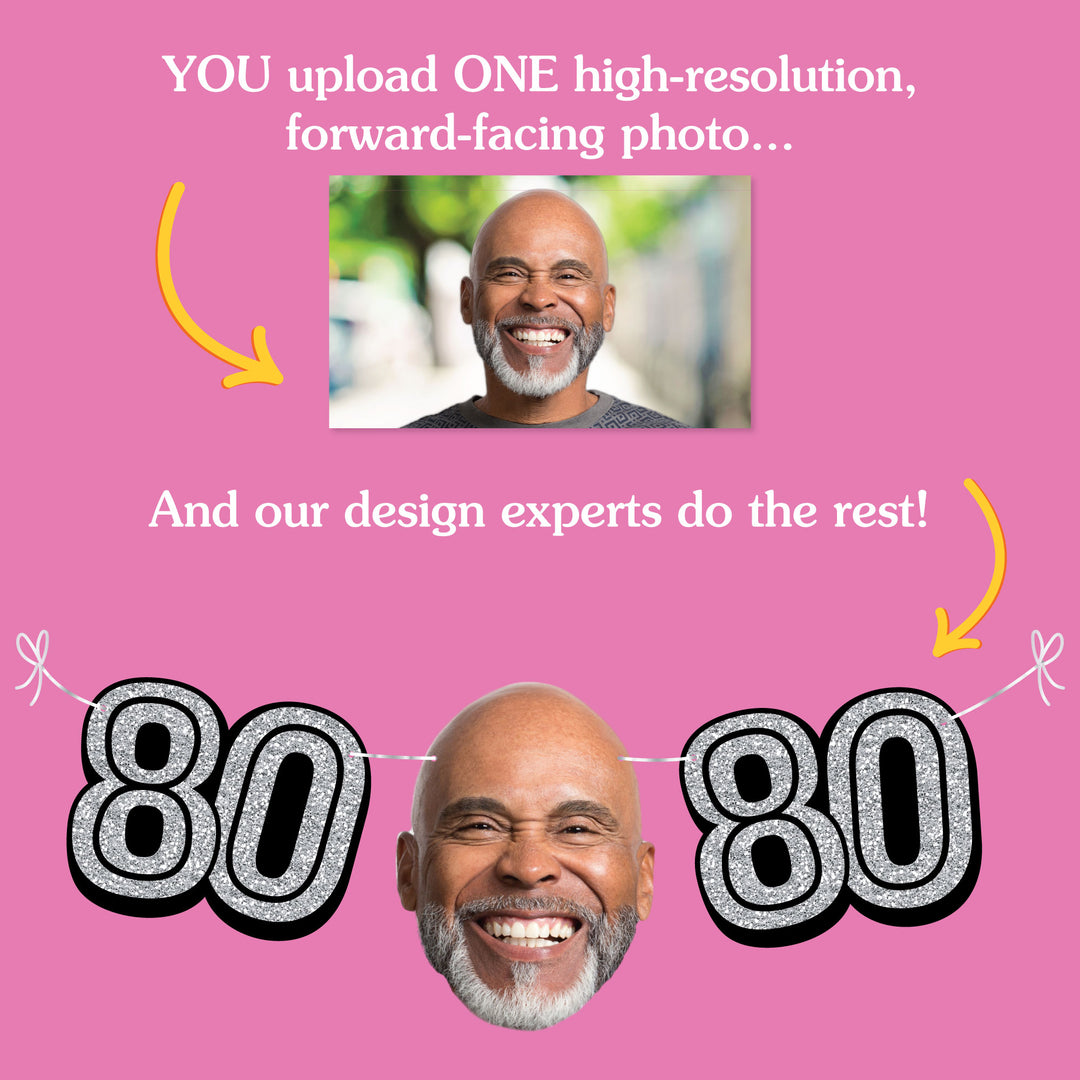 Upload one photo for custom 80th birthday fun face banner