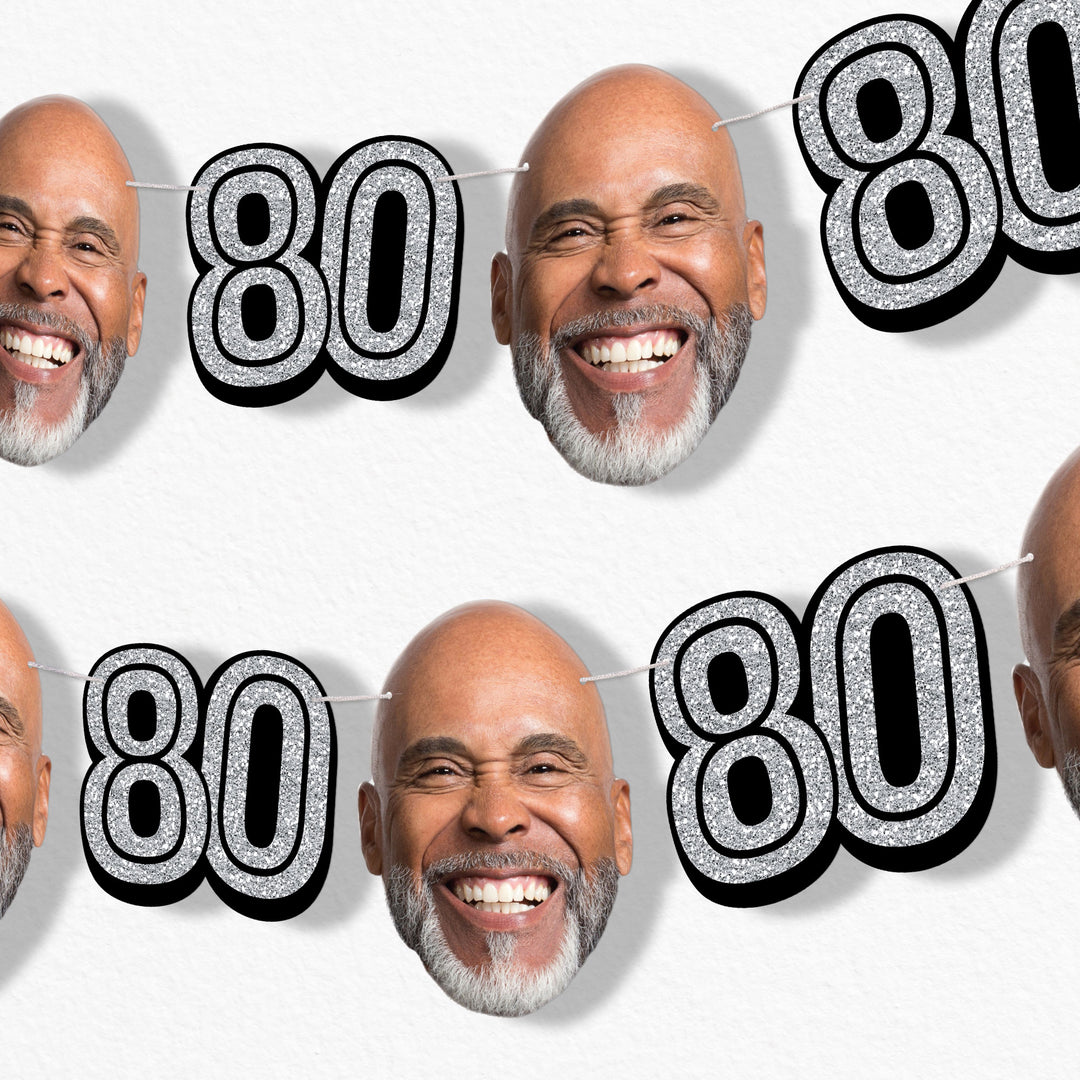 Silver 80th birthday fun face garland banner