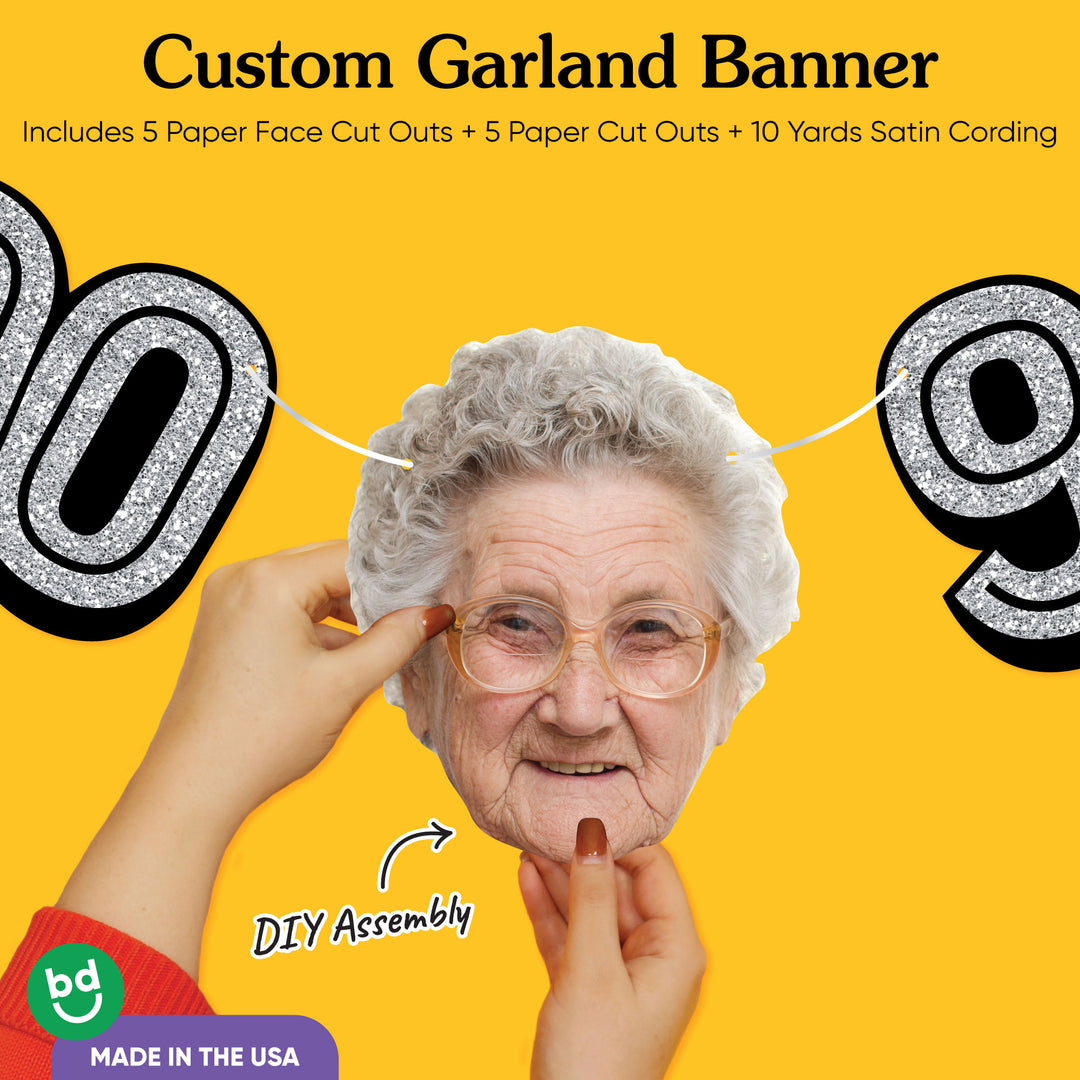 Cardstock finish and satin string on 90th birthday face banner