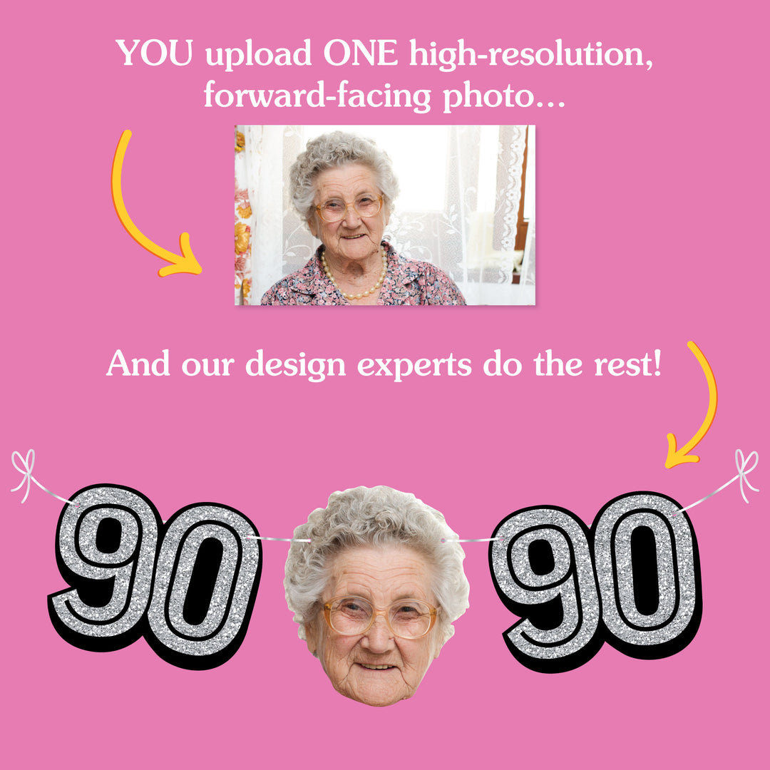 Upload one photo for custom 90th birthday fun face banner