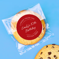 Cookie with a personalized label on a blue background