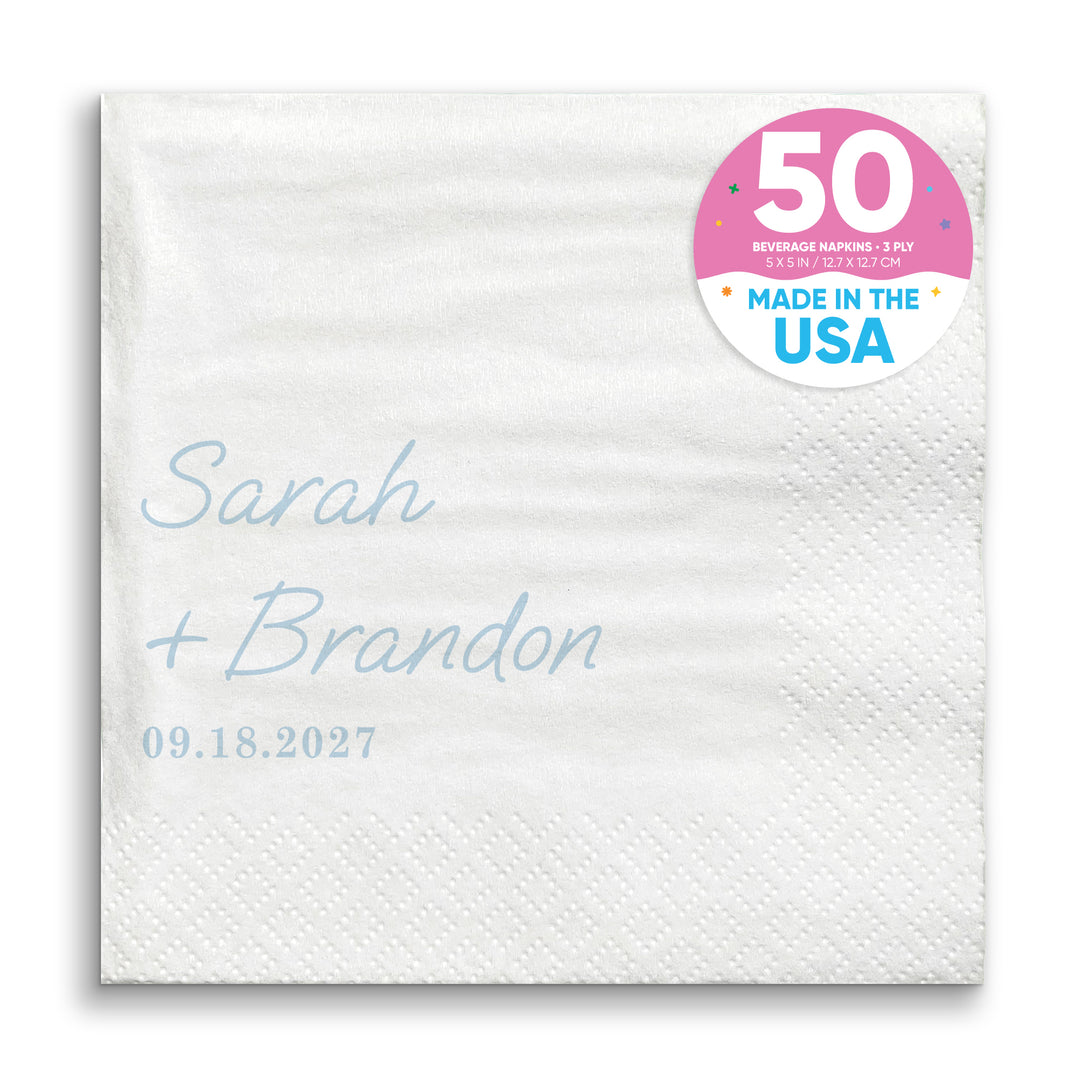 Custom Text - Dusty Blue Simple Wedding Script Napkins