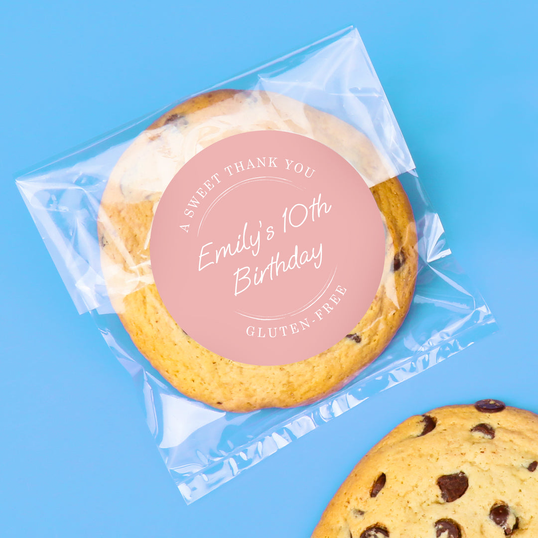Cookie with a personalized label on a blue background
