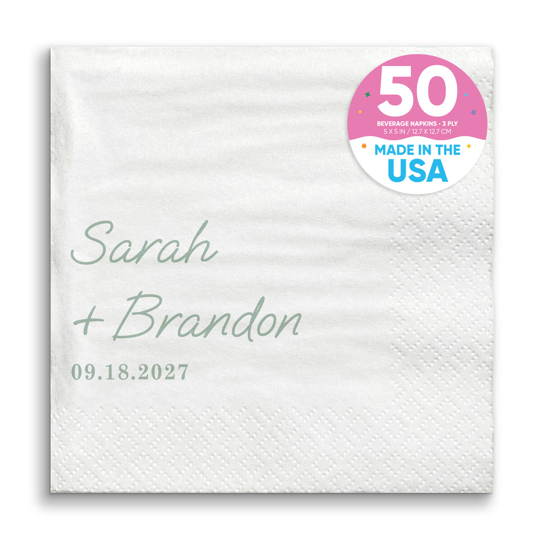 Custom Text - Sage Green Simple Wedding Script Napkins
