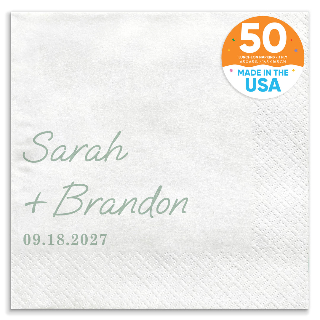 Custom Text - Sage Green Simple Wedding Script Napkins