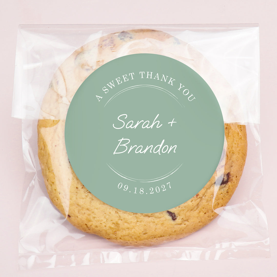 Cookie bag custom treat bag with a personalized label on a pink background