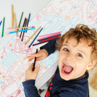 Kids coloring monster truck table runner at birthday party