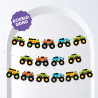 Monster truck party garland with 15 colorful truck cutouts.