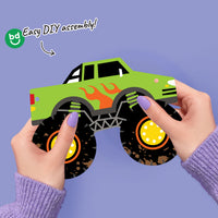 Colorful monster truck garland banner featuring 15 double-sided truck shapes for a kids birthday party.