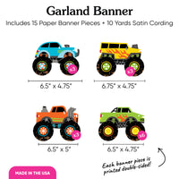 Monster truck themed birthday banner garland for kids party decor.