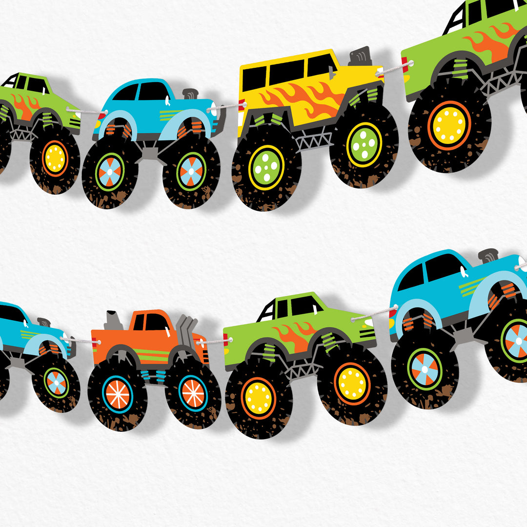 Monster truck garland banner with 15 colorful double-sided truck cutouts on white string.