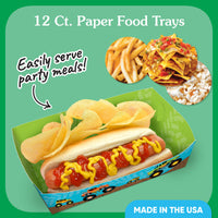 12-pack monster truck themed paper food trays for kids birthday party snacks and meals.