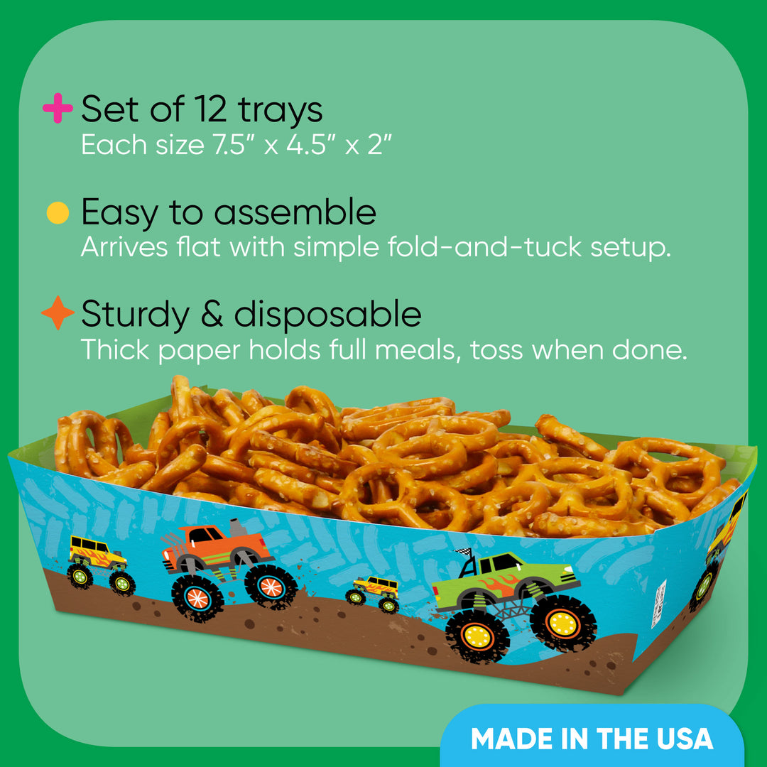 Decorative monster truck party food boats with bold dirt track design for birthday party table.