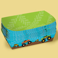 Disposable monster truck snack trays for birthday party food — double-sided colorful print.