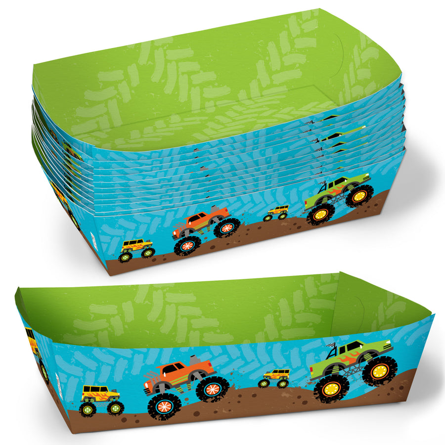 Monster Truck paper food trays – 12 disposable double-sided snack boats for kids monster truck birthday party food table decoration.