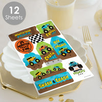 Smash and Crash - Monster Truck - Boy Birthday Party Favor Sticker Set - 12 Sheets - 120 Stickers