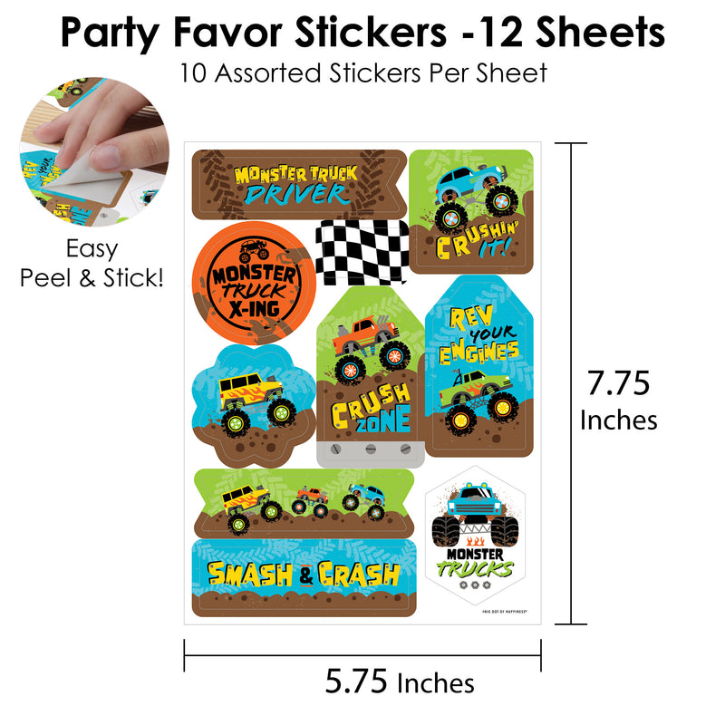 Smash and Crash - Monster Truck - Boy Birthday Party Favor Sticker Set - 12 Sheets - 120 Stickers