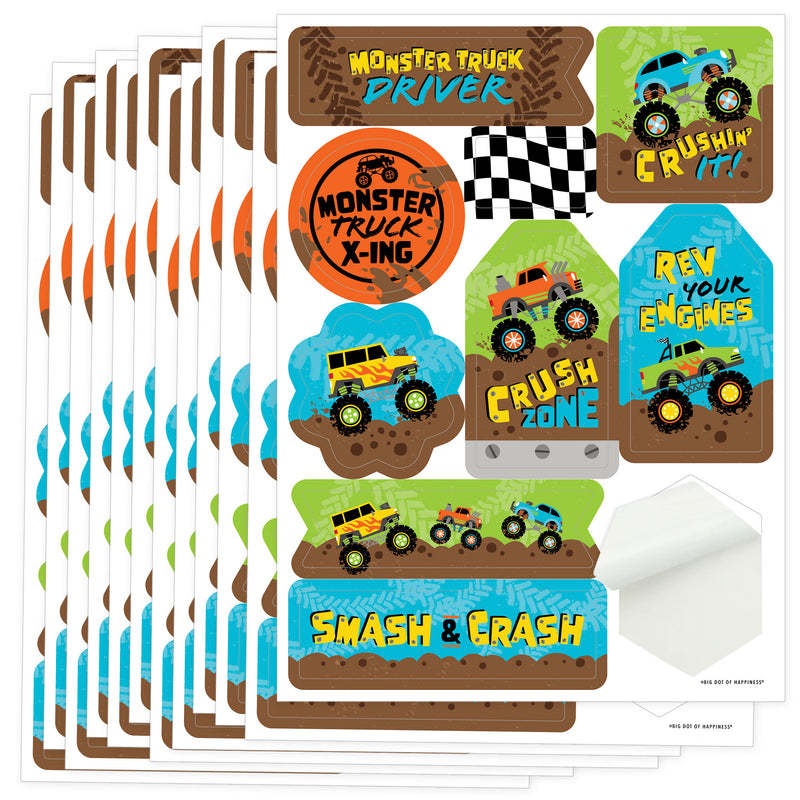 Smash and Crash - Monster Truck - Boy Birthday Party Favor Sticker Set - 12 Sheets - 120 Stickers