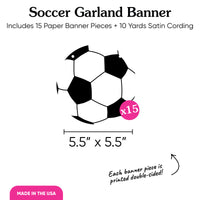Soccer Garland Banner with dimensions and product details on a white background