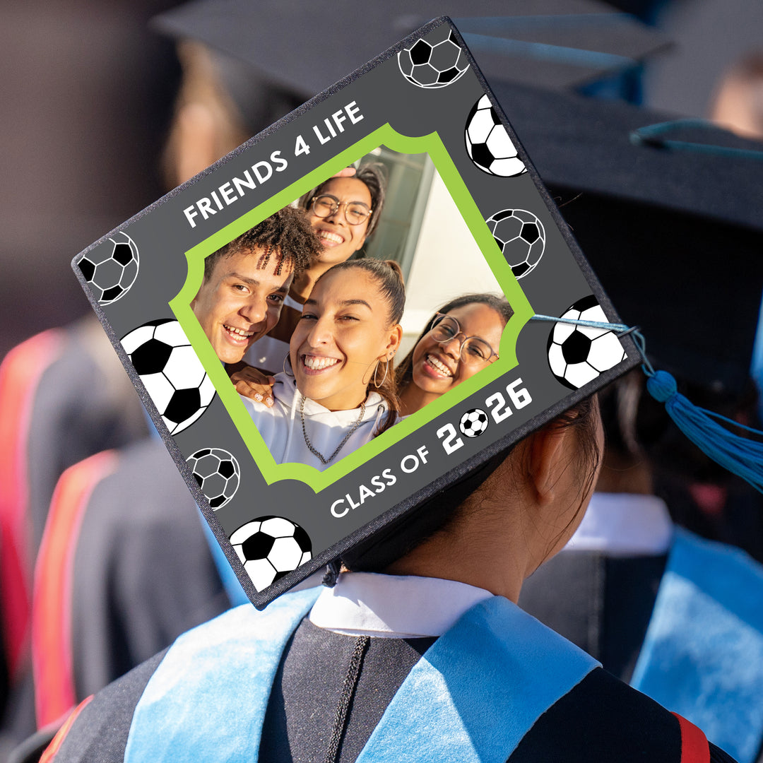 Graduation ceremony cap with soccer themed cover