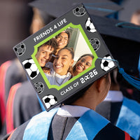 Graduation ceremony cap with soccer themed cover