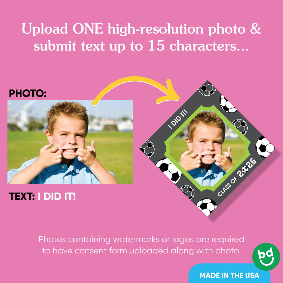 Custom photo area on soccer graduation cap topper