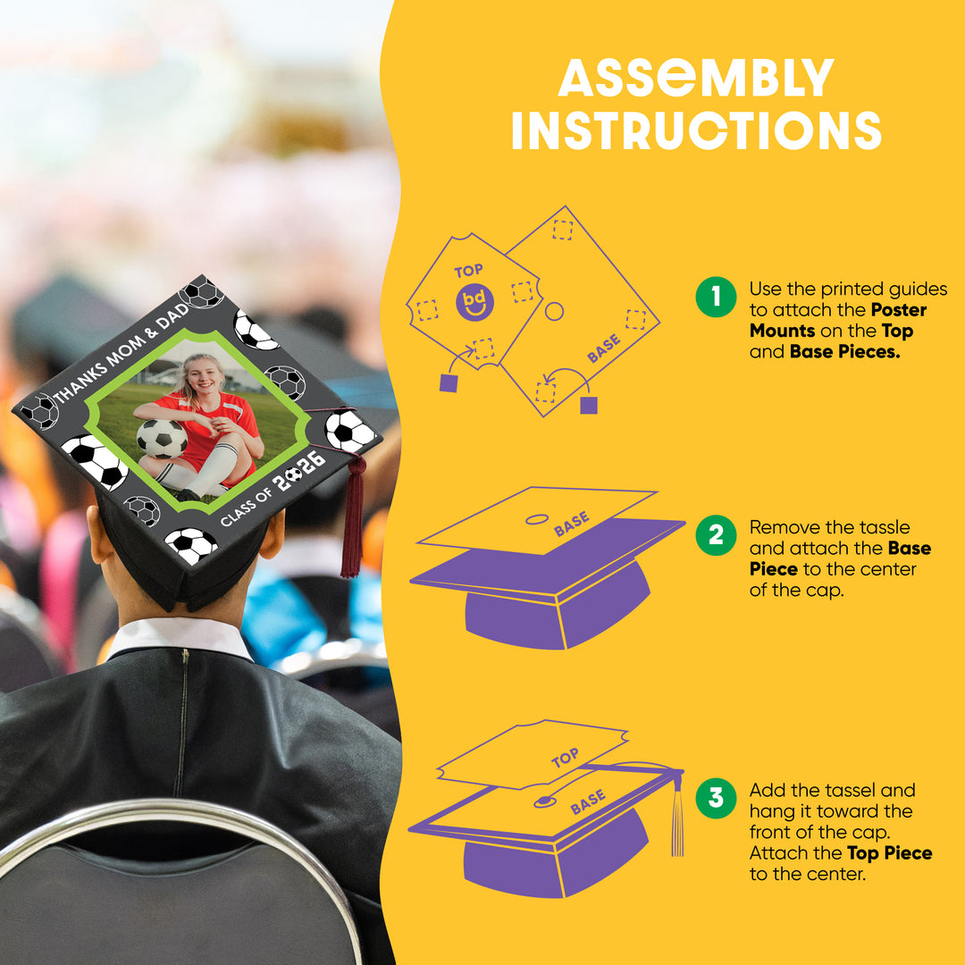 Graduation cap cover assembly instructions on a yellow background