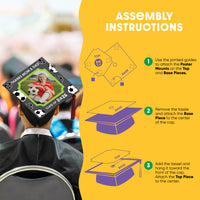 Graduation cap cover assembly instructions on a yellow background