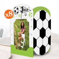 Soccer-themed photo frame with a number 8 and MVP design, featuring a photo of a girl sitting on a chair.