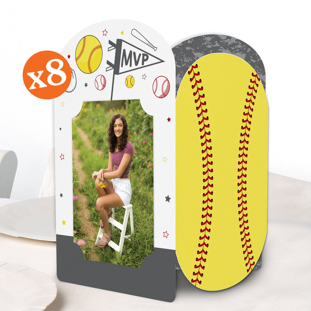 Photo frame with a soft ball design and a picture of a girl on a chair.