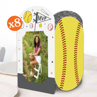 Photo frame with a soft ball design and a picture of a girl on a chair.
