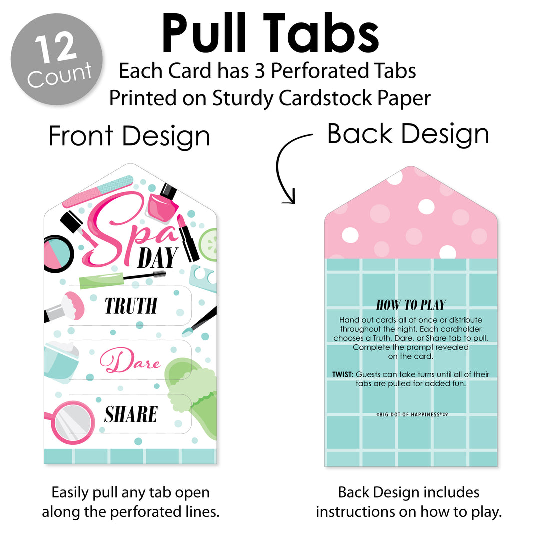 Spa Day - Girls Makeup Party Game Pickle Cards - Truth, Dare, Share Pull Tabs - Set of 12