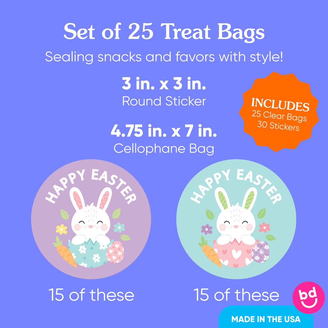 set of 25 treat bags with round Easter Bunny stickers and cellophane bags on a blue background