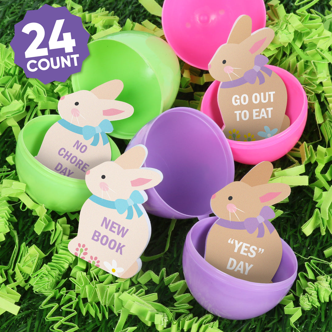 Easter basket display with reusable bunny reward tokens for egg hunt