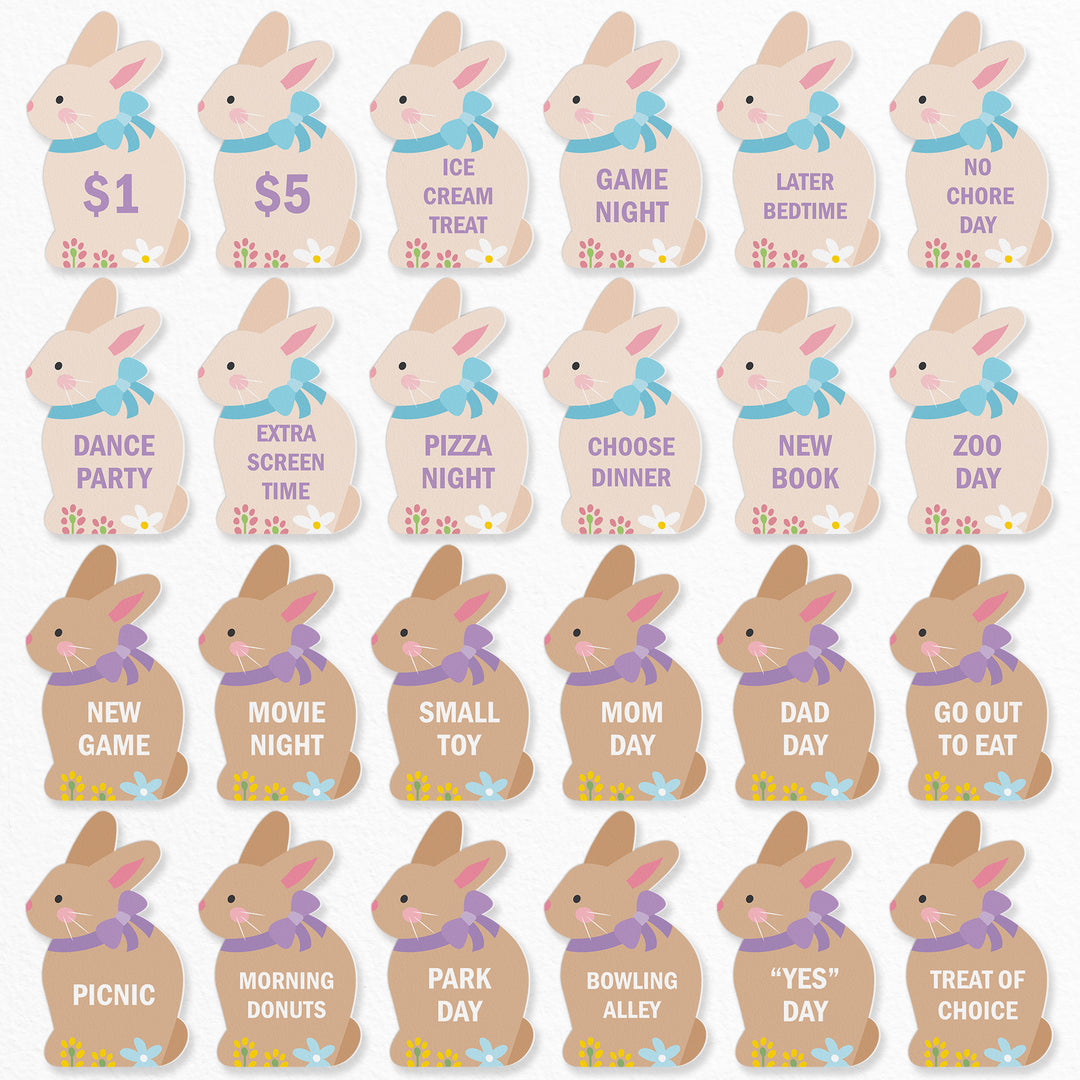 Complete set of 24 Spring Bunny Easter Egg Hunt Tokens arranged together