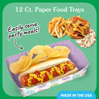 Sturdy Easter Paper food trays with a hot dog, chips, and nachos on a green background.