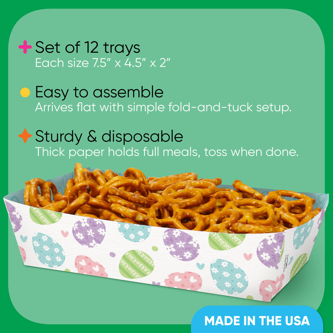Set of 12 disposable paper snack trays with pretzels, featuring text on a green background.