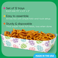 Set of 12 disposable paper snack trays with pretzels, featuring text on a green background.