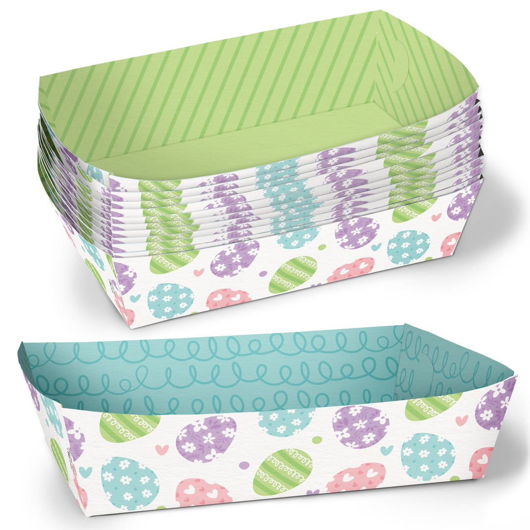 Stack of patterned Easter paper food trays with a focus on pastel colors and decorative designs.