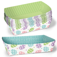 Stack of patterned Easter paper food trays with a focus on pastel colors and decorative designs.