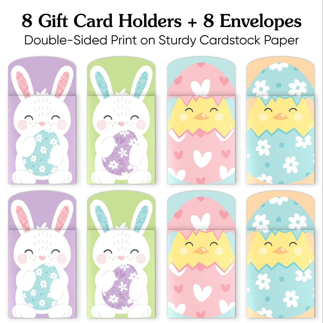 Set of 8 Easter-themed gift card holders and envelopes on a white background.
