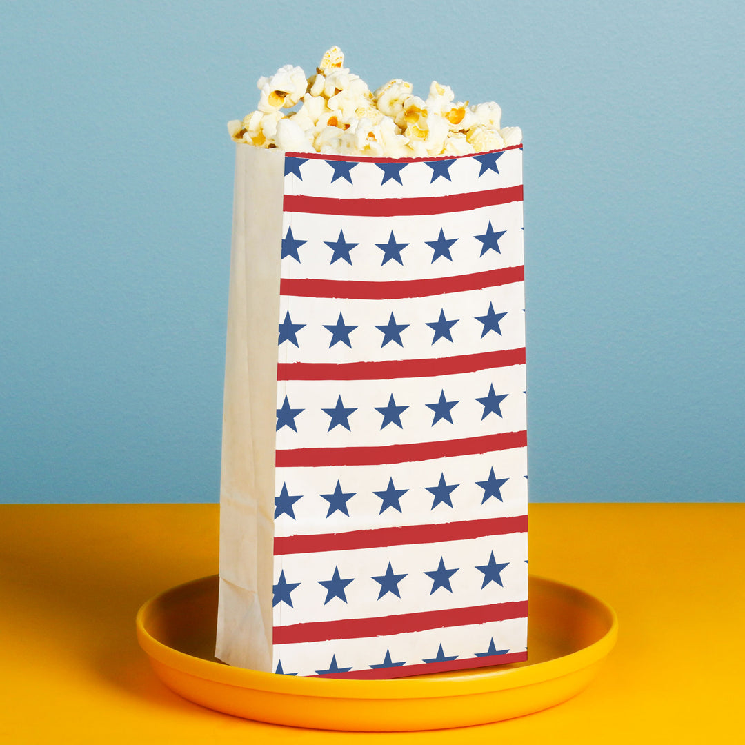 Red stripe and blue star popcorn bag design close up