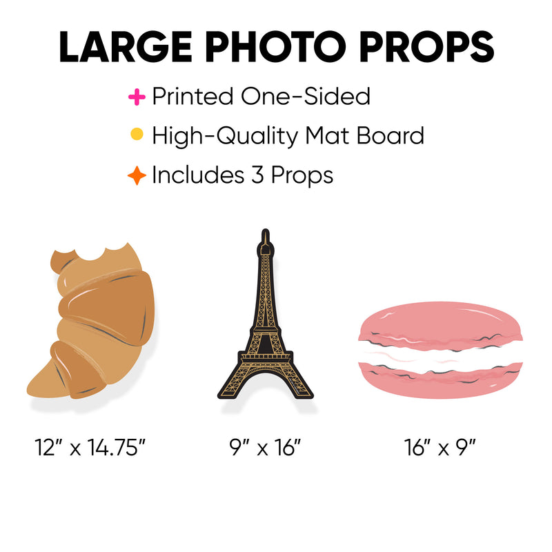Stars Over Paris - Eiffel Tower, Macaroon and Croissant Decorations - Parisian Themed Party Large Photo Props - 3 Pc