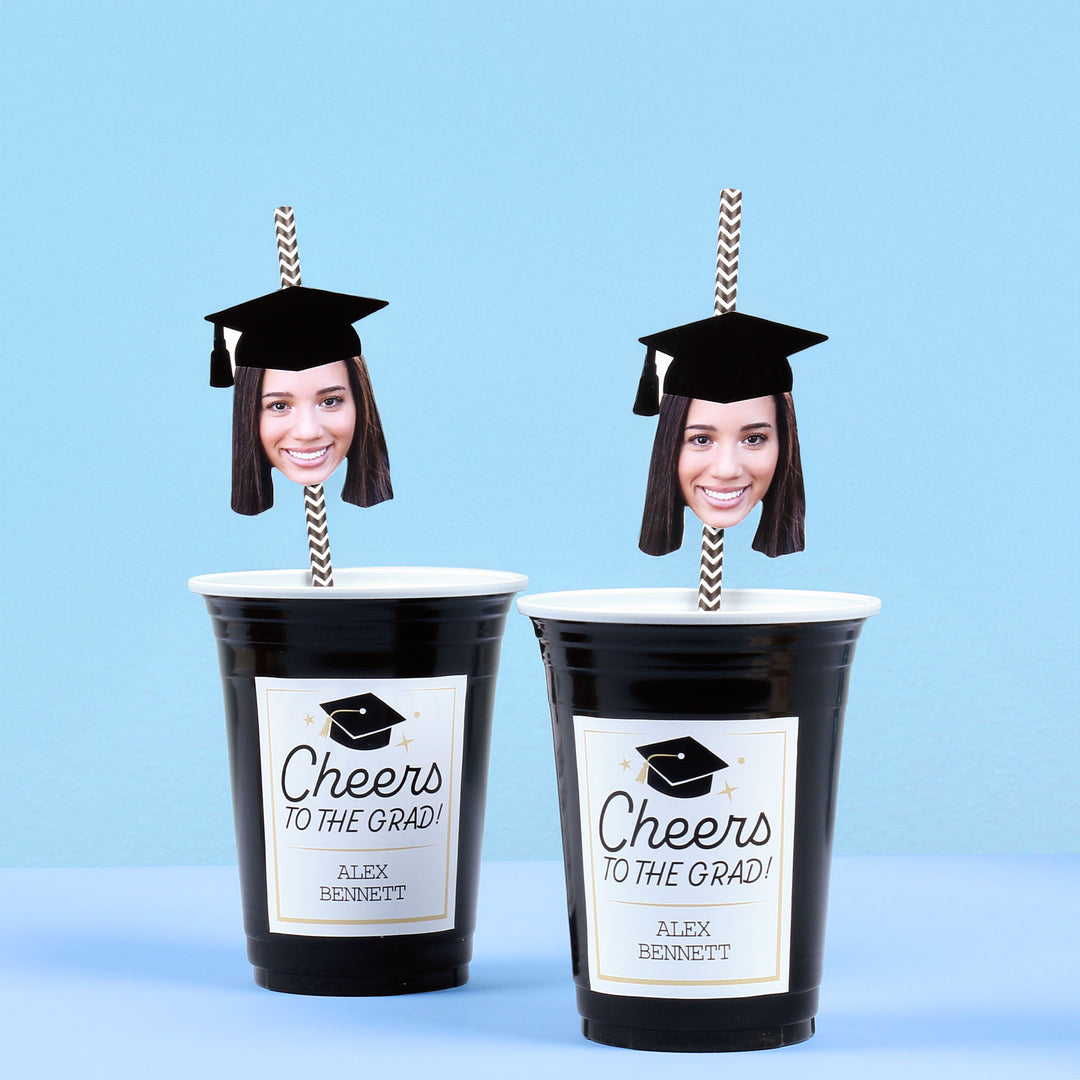 Custom Text Party Cups - Black and Gold Graduation - 16 Ct